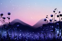 Dreamy twilight landscape with silhouetted wildflowers in foreground and rolling hills under starry purple pink sky creating magical evening atmosphere.