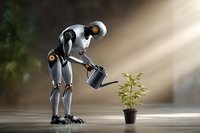 Futuristic robot with glowing eyes watering small green plant in pot, symbolizing technology nurturing nature in dramatic lighting.