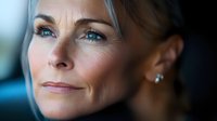 Mature woman with silver hair and striking blue eyes gazes thoughtfully into distance, soft natural lighting highlights facial features and gentle smile.