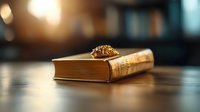 Vintage hardcover book with golden pages and decorative brooch on wooden surface against blurred warm bokeh background, creating nostalgic atmosphere.