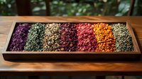 Colorful dried flower petals and herbs arranged in wooden tray, rainbow spectrum of natural botanical ingredients for tea, potpourri, and aromatherapy.