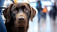 Dark brown Labrador Retriever with alert expression sitting indoors in urban environment with blurred people and lights in background, suitable for pet care, veterinary, and animal companionship marketing.