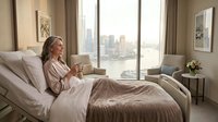 Relaxed middle-aged Caucasian woman enjoying morning coffee in luxury hotel bed with city skyline view through large windows in elegant beige bedroom.