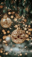 Elegant gold ornaments hanging from pine branches with warm bokeh lights creating festive holiday atmosphere.