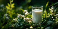 Glass of fresh milk surrounded by lush green plants and delicate white wildflowers in natural sunlight, symbolizing purity and organic dairy farming.
