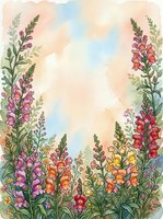 Watercolor snapdragon flowers framing a soft pastel sky background, colorful blooms in pink, orange, yellow and red with copy space.