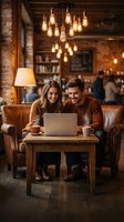 Young couple using laptop together on leather sofa in cozy coffee shop with vintage Edison bulb lighting and exposed brick walls for remote work.