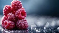 Fresh frozen raspberries covered with ice crystals stacked together on dark surface with water droplets for healthy eating and organic food concepts.