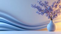 Elegant white ceramic vase with purple cherry blossoms against flowing silk fabric backdrop in soft blue and orange sunset lighting creates serene atmosphere.