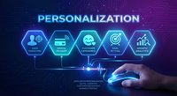 Business professional hand touching digital personalization interface with hexagonal icons showing machine learning, payment systems, customer experience, targeting and analytics on futuristic blue purple background.