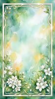 Watercolor floral frame with white flowers and green leaves on soft gradient background for wedding invitations, greeting cards and spring designs.
