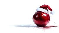 Red glossy Christmas ball ornament wearing Santa hat on white background with soft shadow and watercolor splatter effect, festive holiday decoration.