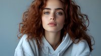 Young woman with natural red curly hair and freckles wearing white hoodie against blue background, looking directly at camera with confident expression.