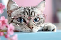 Adorable Bengal cat wearing pink glasses rests on blue surface with cherry blossoms in foreground, creating whimsical and playful pet portrait with soft bokeh background.