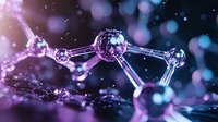 Glowing molecular structure with purple and blue bokeh effect on dark background shows scientific concept of chemistry and molecular bonds.