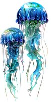 Luminous jellyfish in shades of blue and turquoise floating gracefully with flowing tentacles against white background, watercolor style artwork for ocean themes.