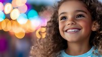Joyful young girl with curly hair smiling against colorful bokeh lights background, capturing childhood happiness and innocence for family lifestyle advertising.