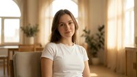 Young Caucasian woman in white t-shirt sitting on beige sofa in bright living room with natural sunlight streaming through windows and green plants.