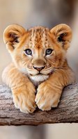 Adorable lion cub with bright blue eyes resting on wooden branch, showcasing golden fur and innocent expression for wildlife and nature projects.