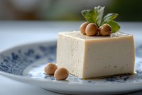 Fresh tofu block garnished with soybeans and green leaves served on traditional blue and white porcelain plate, close up view on white tablecloth.
