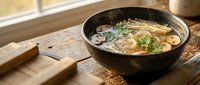Steaming bowl of fresh ramen noodles with green onions and herbs in dark ceramic bowl on rustic wooden table by window for cozy dining atmosphere.