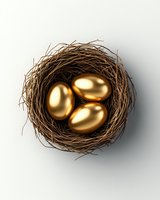 Golden eggs nestled in brown twigs nest on white background, symbolizing wealth, investment and financial security. Isolated object for business concepts.