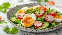 Fresh spring salad with soft-boiled eggs, sliced radishes, cucumber and microgreens served on ceramic plate. Healthy breakfast or light lunch meal with seasonal vegetables.