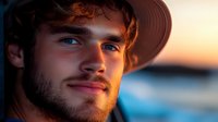 Young Caucasian man with beard and hat smiling at sunset, warm golden light illuminating face against blurred ocean background, natural outdoor portrait.