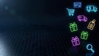 Neon shopping icons on dark hexagonal background for ecommerce and retail business concepts.