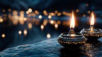 Traditional oil lamps with glowing flames create warm ambiance against blurred city lights background for meditation, spirituality and peaceful evening atmosphere.