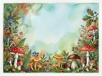 Watercolor forest frame with red mushrooms, ferns, berries, and autumn leaves surrounding a soft green copy space center.