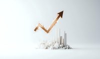 Metallic copper arrow chart rising above white city skyline on light background, representing business growth and urban development success metrics.