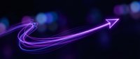Glowing purple neon arrow with dynamic curved light trail on dark background. Modern digital design element for business growth and direction concepts.