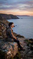 Young man with dark hair and light skin wearing backpack sitting on rocky cliff overlooking coastal landscape at sunset, contemplating ocean view during travel adventure.