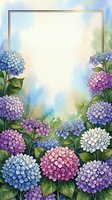 Watercolor hydrangea flower border frame with pastel blue pink purple blooms and green leaves on soft textured background for spring garden designs.