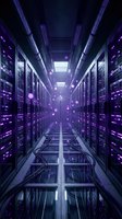 Modern data center server room with purple LED lighting and futuristic atmosphere for technology and cloud computing concepts.