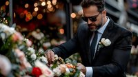 Middle-aged Caucasian man in dark suit and sunglasses arranging white flowers at outdoor market with warm bokeh lights in background.