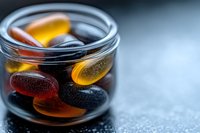 Colorful orange and yellow vitamin supplements or gel capsules in clear glass jar on dark background with water drops, macro photography for pharmacy.