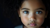 Close up portrait of young African American girl with striking blue eyes and natural curly hair against dark background, dramatic lighting highlights facial features.