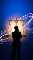 Silhouette of businessman contemplating golden scales of justice with flowing light trails on blue gradient background for legal and business concepts.