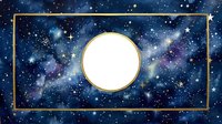 Watercolor galaxy frame with gold border and circular copy space on deep blue starry night sky background for cards and invitations.