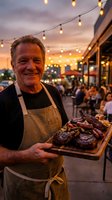 Smiling mature Caucasian chef in apron presenting grilled meat platter at outdoor restaurant terrace during golden hour with string lights and diners.