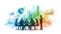Business team meeting with colorful data visualization charts, graphs and city skyline background for corporate presentations and analytics.