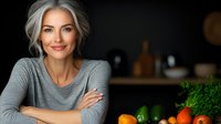 Confident mature woman with gray hair smiling in kitchen, wearing casual gray top, fresh vegetables and fruits on counter, healthy lifestyle and wellness concept.