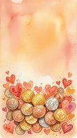 Watercolor pile of gold and silver coins with red and orange hearts on warm peach background, copy space for text.