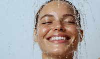 Young woman with radiant smile enjoying refreshing shower with water droplets cascading over her glowing skin, representing skincare and wellness.