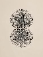 Abstract black dotted circles forming two connected spiral patterns on beige background, creating minimalist geometric composition for modern wall art and design projects.