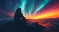 Silhouette of person sitting on mountain peak under spectacular northern lights and colorful sunset sky, contemplating majestic arctic landscape view.