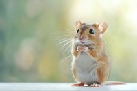 Adorable gerbil standing on hind legs with curious expression against soft green bokeh background, showing detailed whiskers and fur texture in natural lighting.