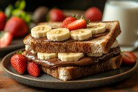 Delicious peanut butter banana sandwich on whole grain bread with fresh strawberries and milk for healthy breakfast or snack meal.